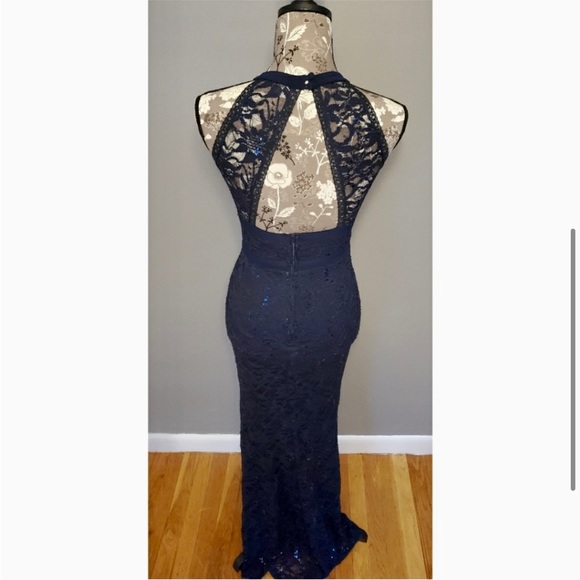 B. Darlin Formal Prom Navy Blue Maxi Dress Gown Lace Sequin Open Back Size 3/4 - Picture 4 of 9